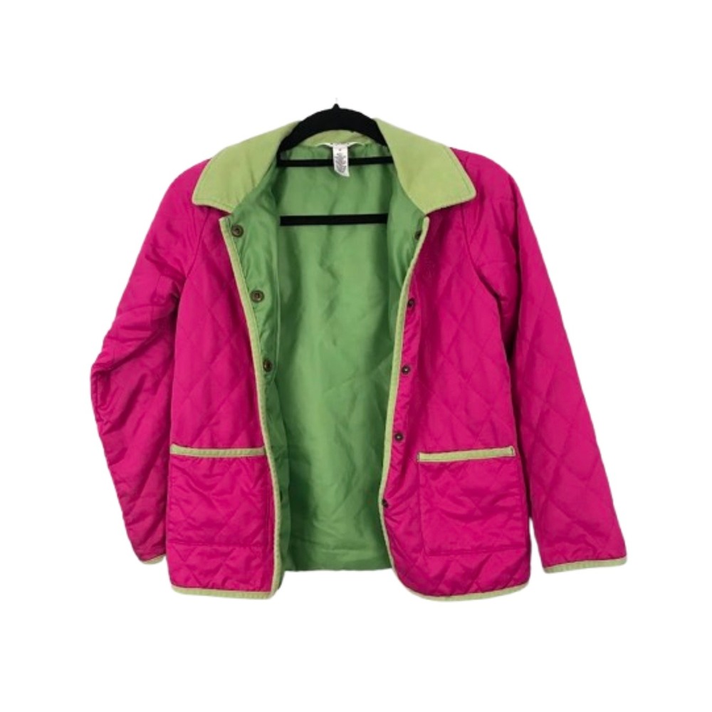 Lilly‎ Pulitzer Girls Quilted Jacket Pink Green Snap Button Pockets Coat Size 12